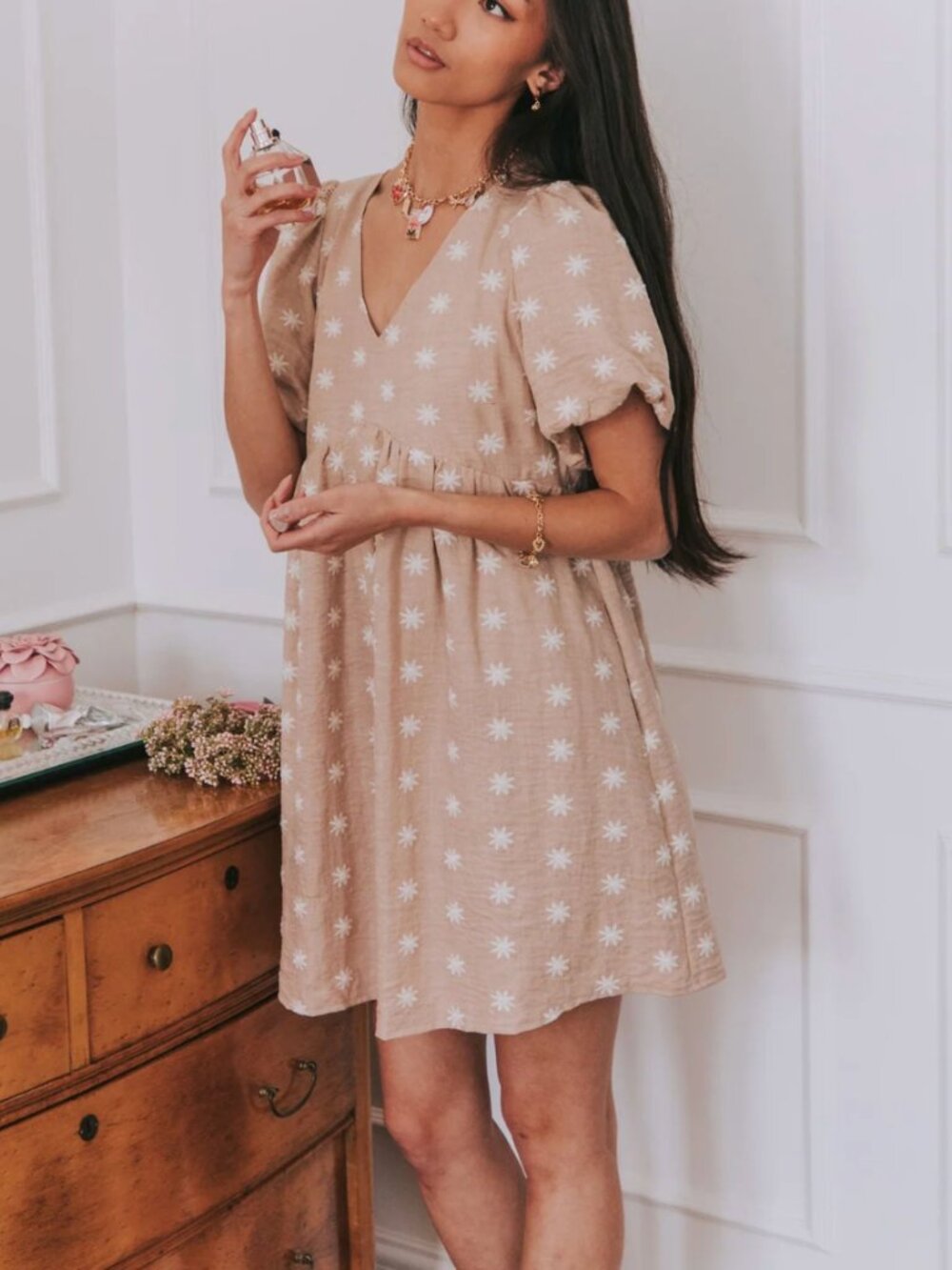 Soft Beige Embroidered V-Neck Dress, size Large, NWT